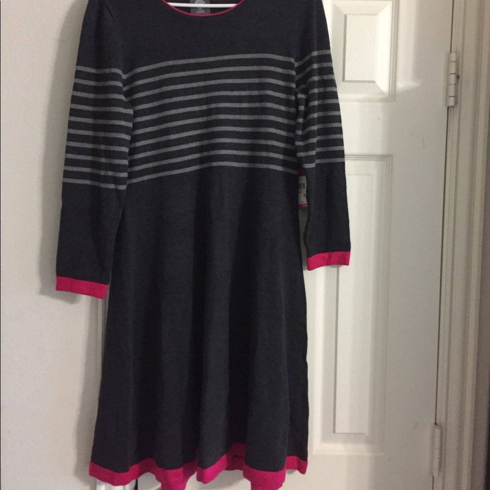 A grey and pink striped sweater dress